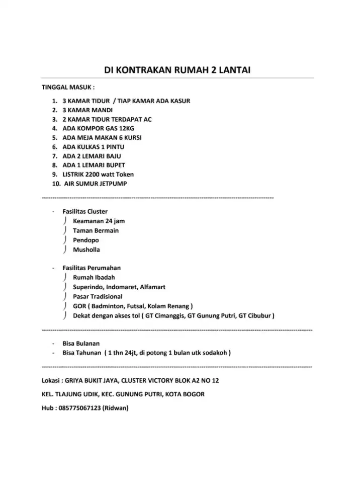Disewakan Rumah 2 Lantai, Di Dalam Cluster.. Nyaman dan Aman