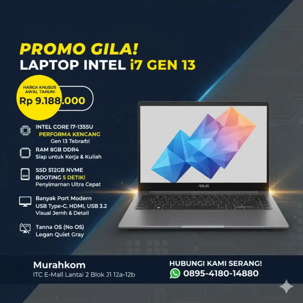 LAPTOP BARU ASUS X1404VA-NK469 CORE I7 1355u Ram 8GB SSD 512GB layar14