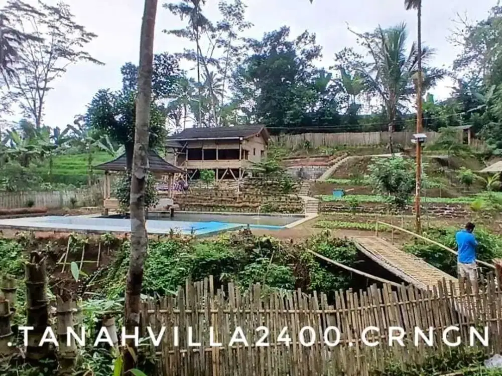 Dijual tanah luas villa kebun dilewati aliran sungai pegunungan