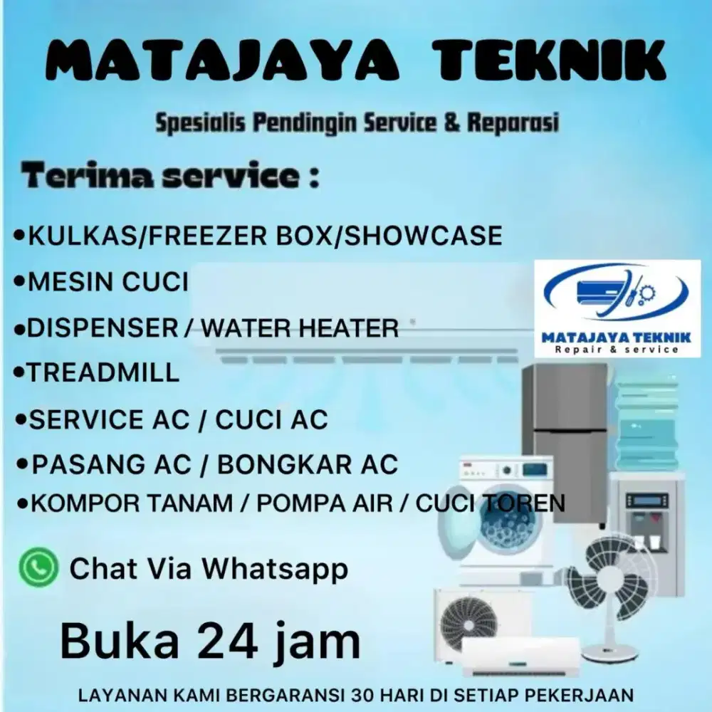 Sevice AC, Kulkas, Mesin Cuci, Treadmill, Water Heater, Dispenser, SDA