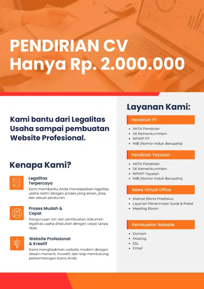 Pendirian CV Lengkap Termurah / NIB / Coretax / Akta / Notaris