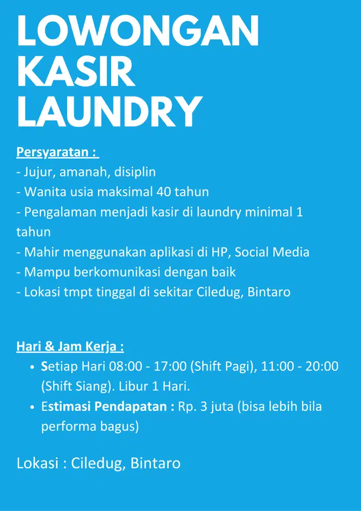 Lowongan Kasir Laundry Bintaro