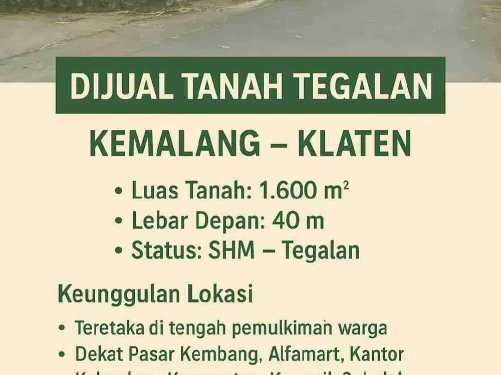 Dijual Tanah tegalan 1600m 250juta di Kemalang Klaten