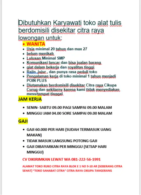 LOWONGAN PEKERJAAN UNTUK WANITA SEBAGAI PENJAGATOKO DI TOKO ALAT TULIS