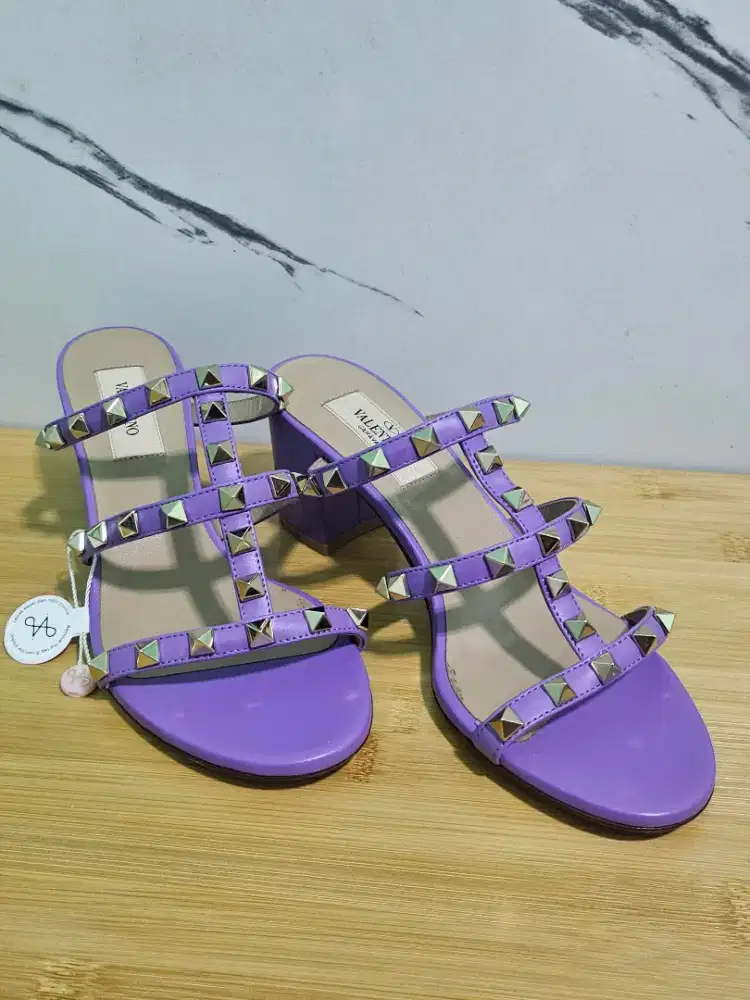 Valentino Calfskin Rockstud 60mm Caged Slide Sandals Glicine Sz 36