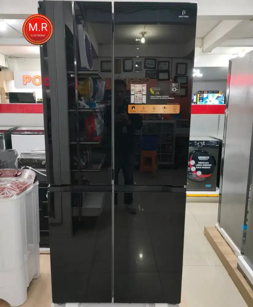 KULKAS POLYTRON 4 PINTU INVERTER BLACK GLASS GARANSI 10 TAHUN