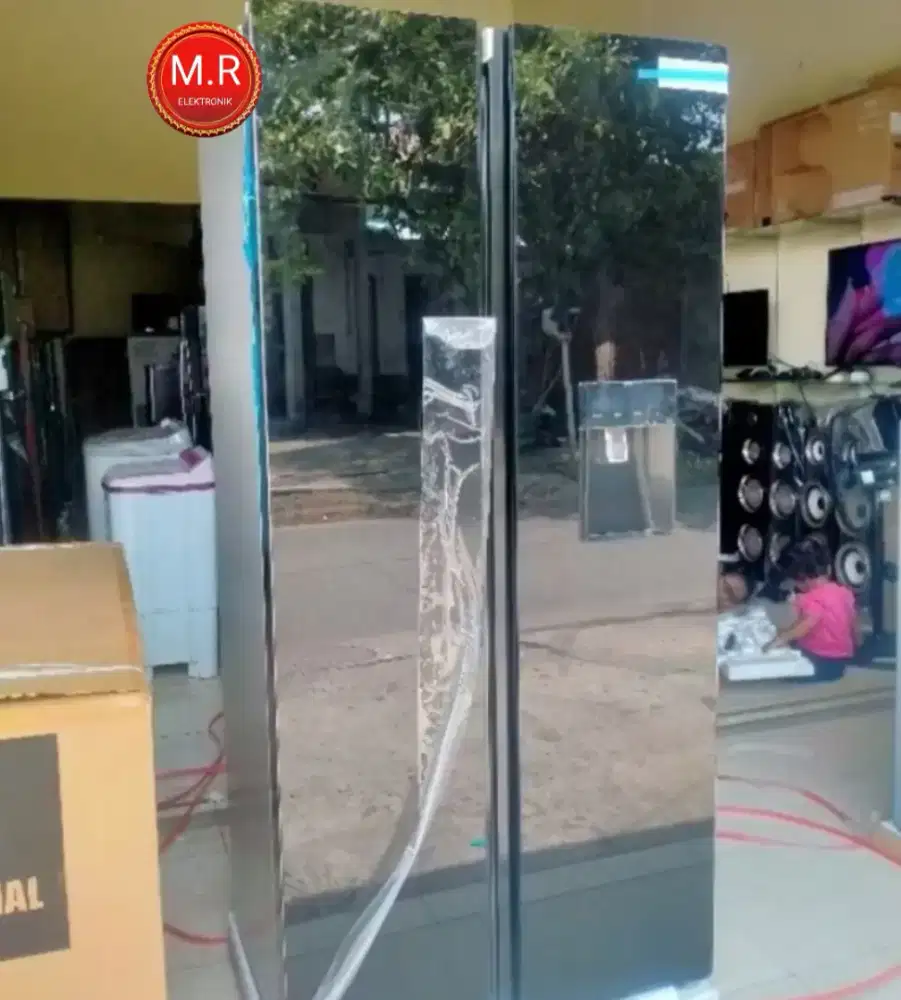 PROMO KULKAS SIDE BY SIDE POLYTRON BLACK GLASS PAKAI DISPENSER