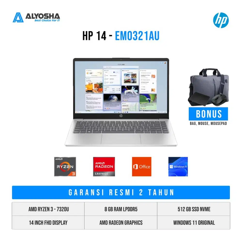 HP 14 EM0320AU EM0321AU Ryzen 3 7320U 8GB SSD 512GB 14 FHD W11 OHS 24