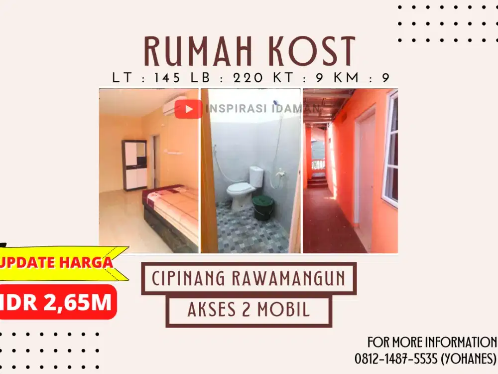 Rumah Kost Produktif Cipinang Rawamangun Akses 2 Mobil
