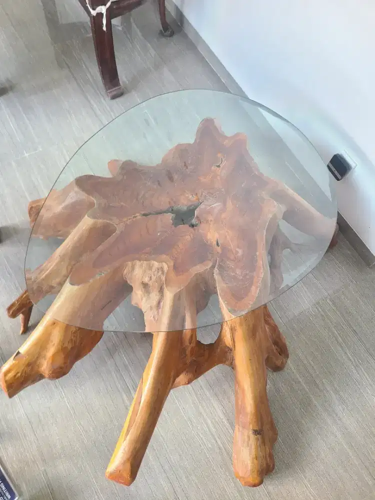 Meja Akar Kayu Jati dgn Kaca 8 mm