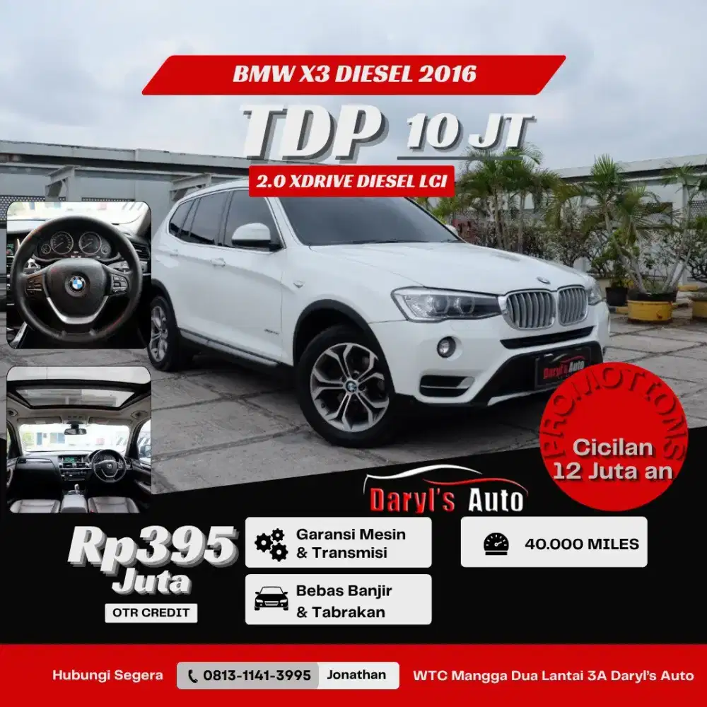 [LOW KM] Dp 10 Juta BMW X3 Xdrive20d 2016 Panoramic Diesel Promo !