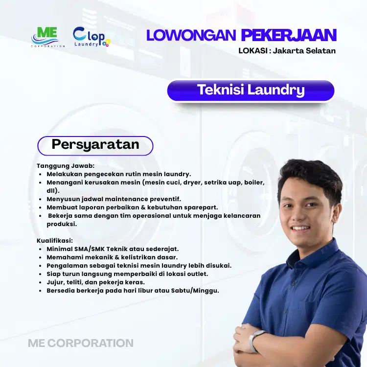 DIBUTUHKAN SEGERA TEKNISI LAUNDRY