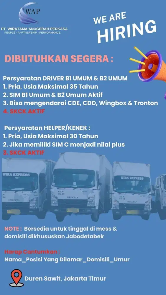LOWONGAN KERJA SOPIR SIM BI UMUM ATAU BII UMUM dan KENEK