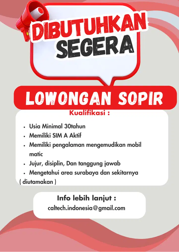 Lowongan Kerja Supir Pribadi / Operasional