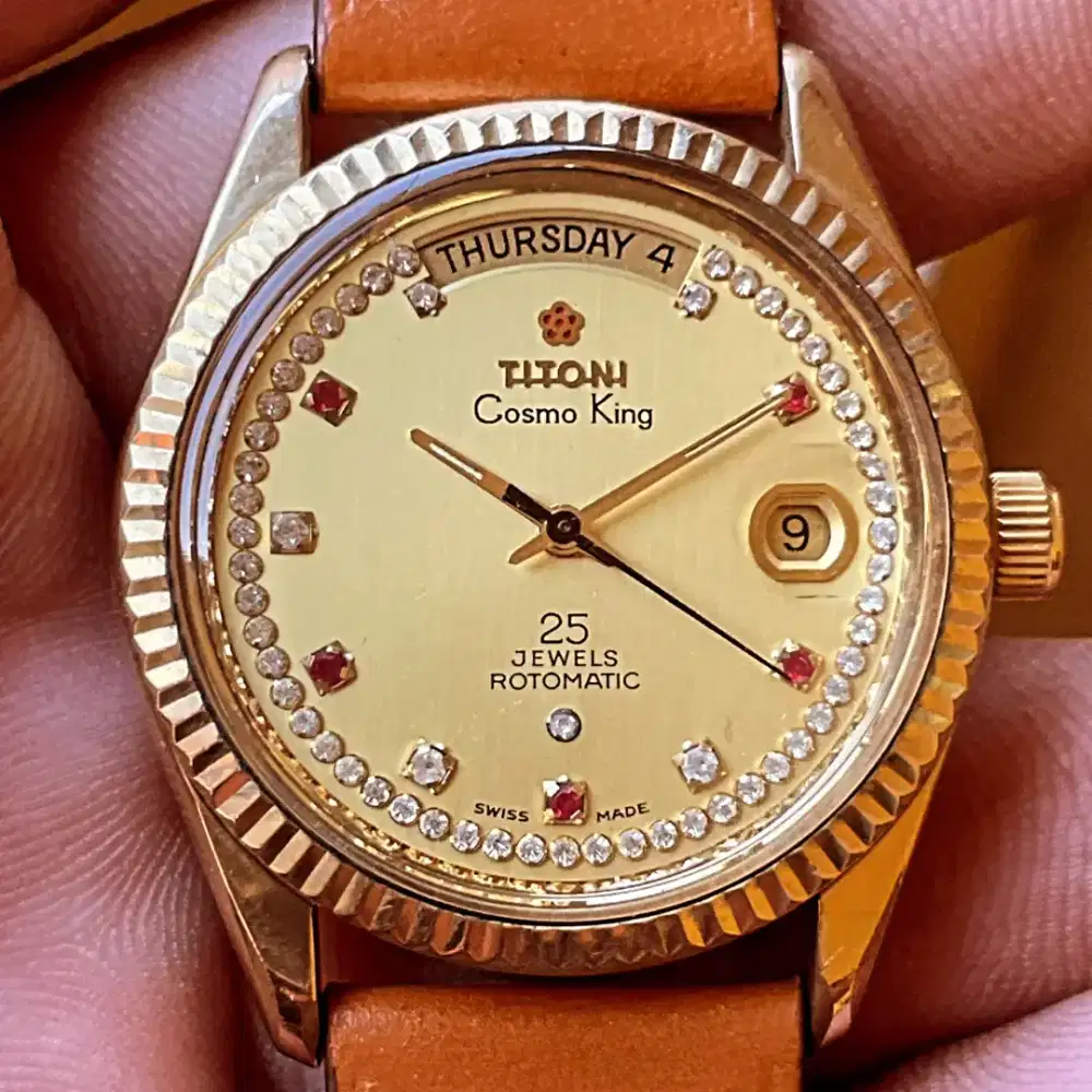 JAM SWISS TITONI COSMO KING GOLD PLATED DIAMOND INDEX ORIGINAL