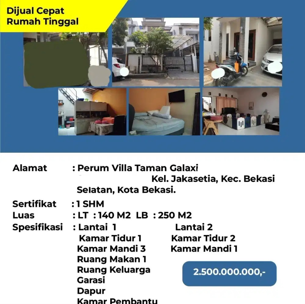 Dijual Rumah Perumahan Villa Taman Galaxy Bekasi