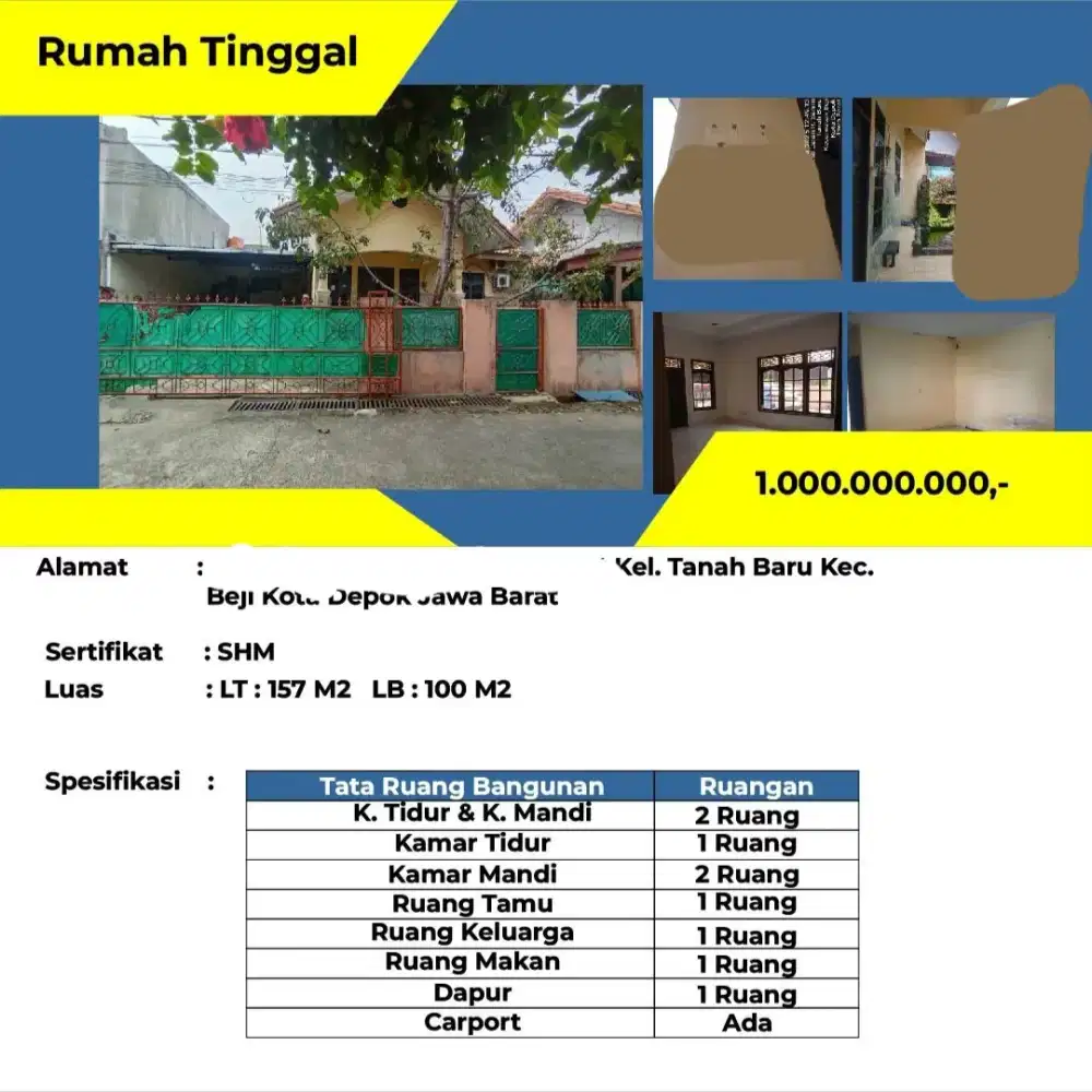 Dijual Rumah Tanah Baru Beji Depok