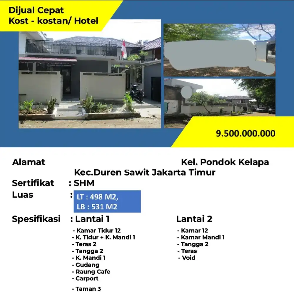 Dijual Rumah Kos-Kosan Pondok Kelapa Duren Sawit