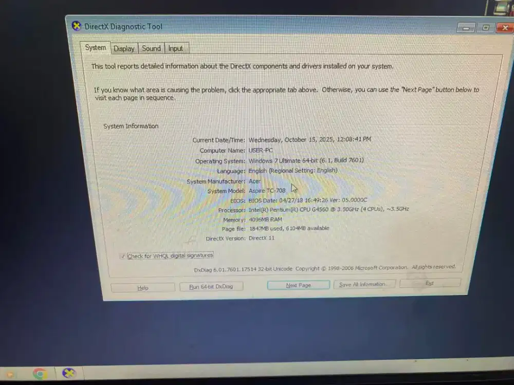 Asus aspire TC-708 4GB 1TB
