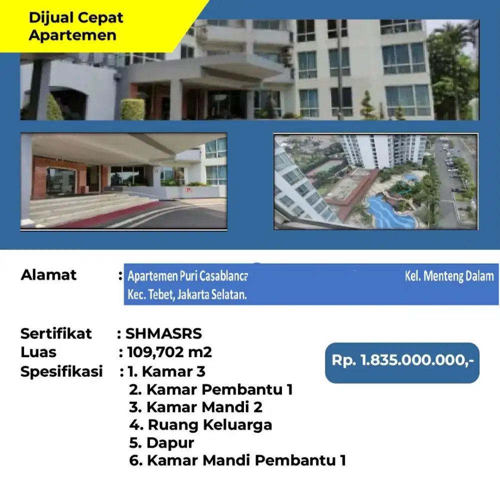 Dijual Apartemen Puri Casablanca Menteng Dalam