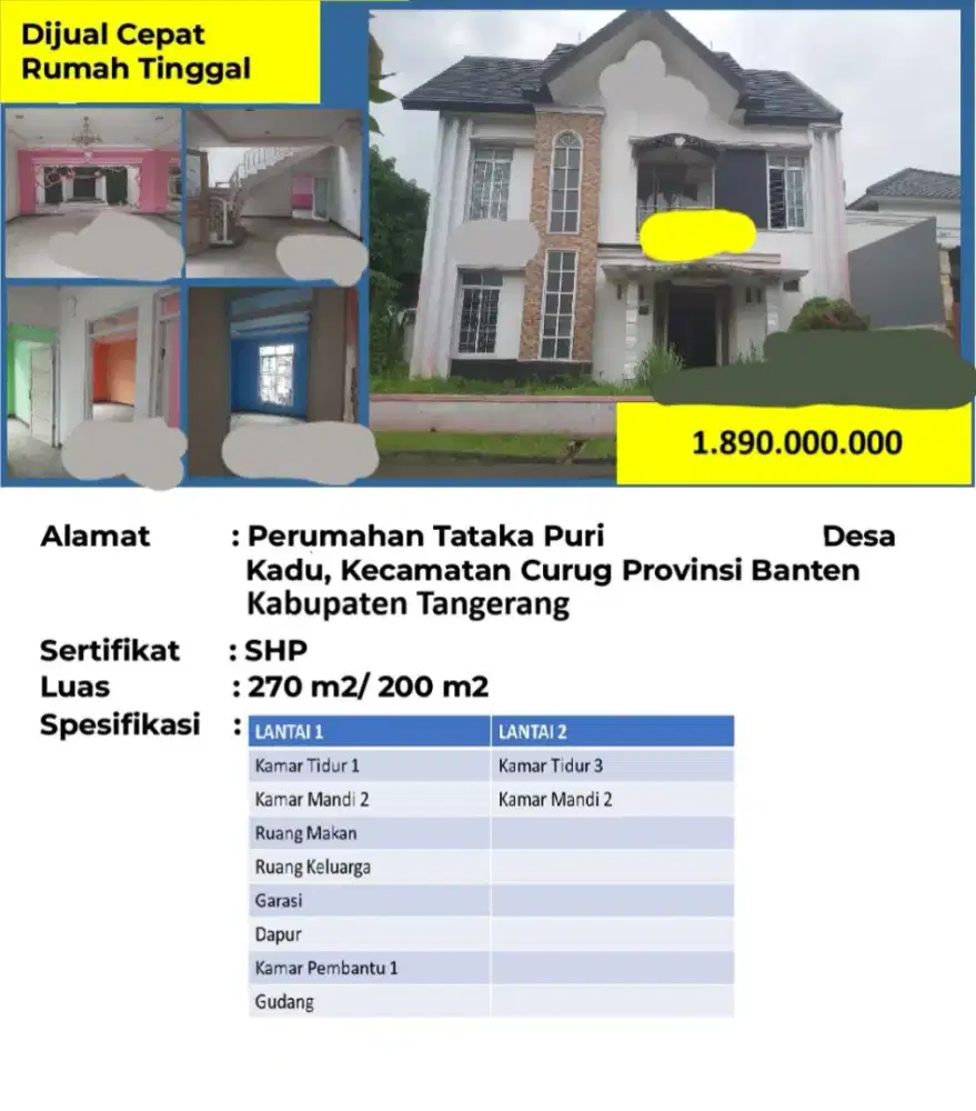 Dijual Rumah Tataka Puri Perumahan Tangerang