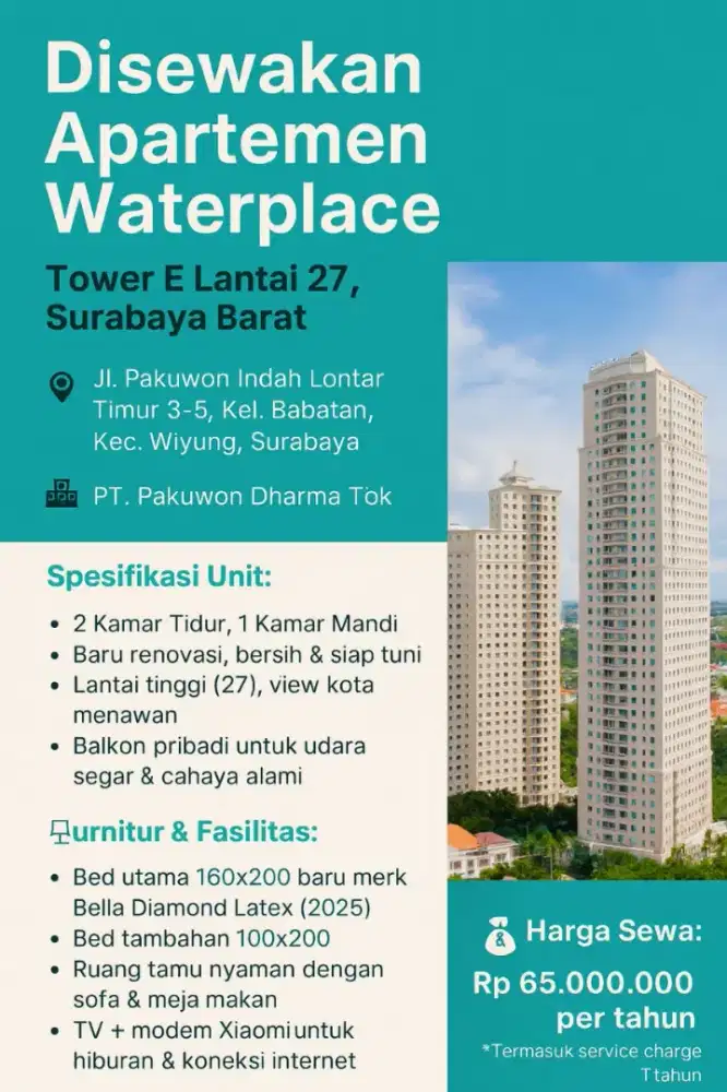 Disewakan APARTEMEN WATERPLACE