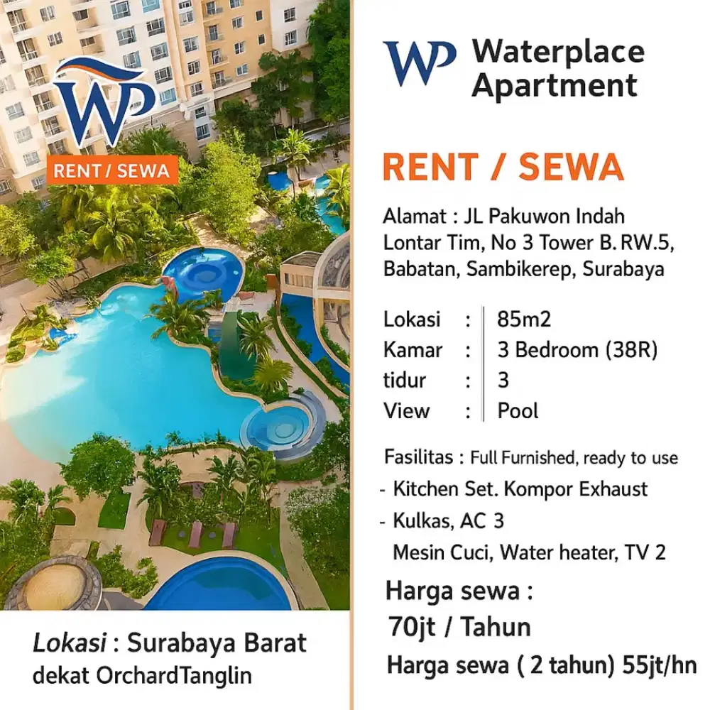 For rent APARTEMEN WATER PLACE 3BEDROOM