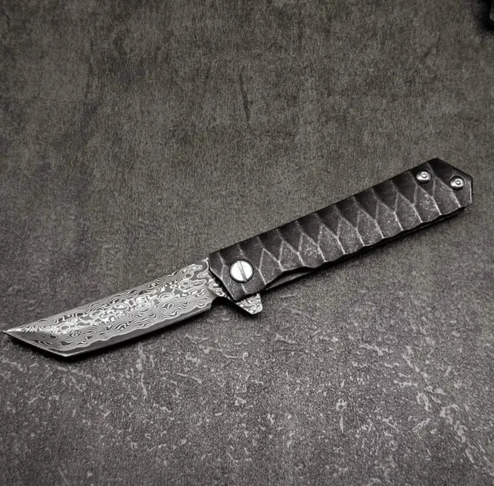 Pisau Lipat Chopper Model Tanto Pamor Real Damascus Plus Sarung Kulit
