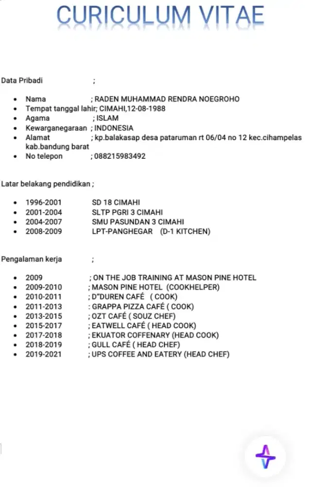 Head chef/juru masak