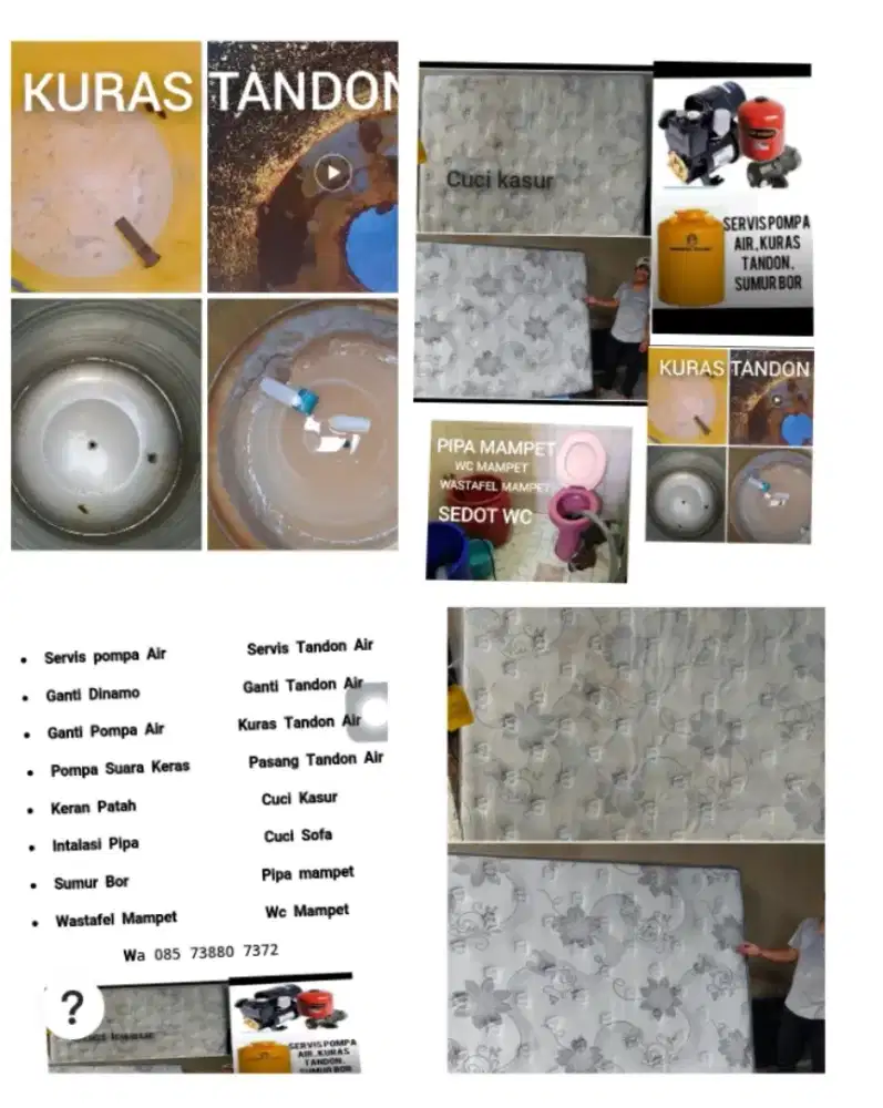 Kuras tandon air ,servis pompa air, cuci kasur&sofa, sumur bor