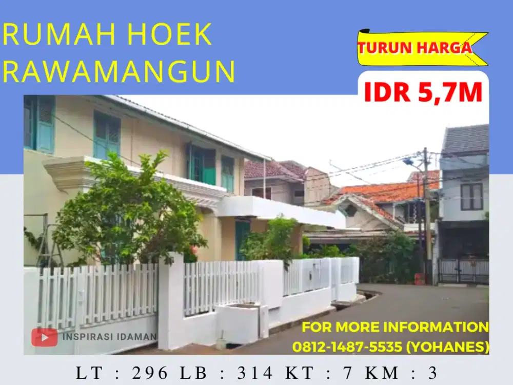 Rumah Rawamangun Hoek Lt 296