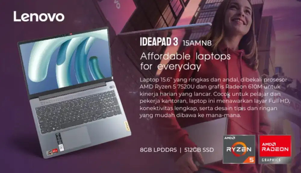 Lenovo Ideapad 3 15AMN8 with Ryzen 5 7320, 8GB RAM, Finger Print