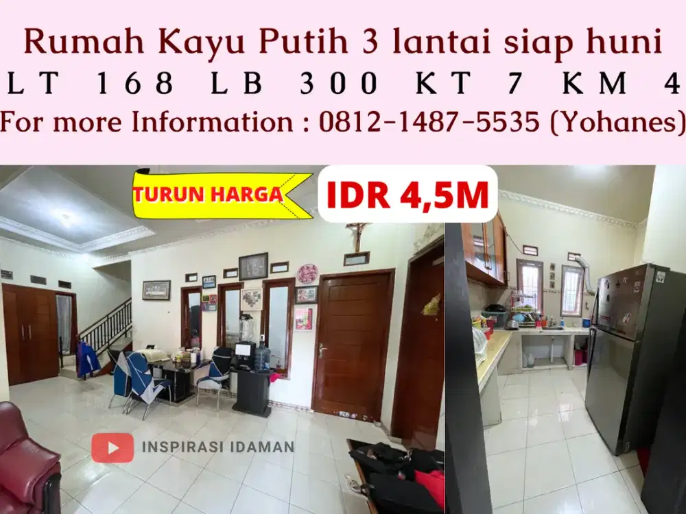 Rumah Kayu Putih 168mtr 3 lantai 7KT siap huni