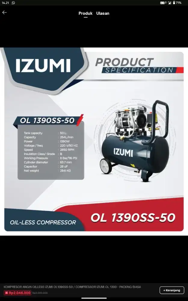 Kompresor izumi 50L 1,75HP