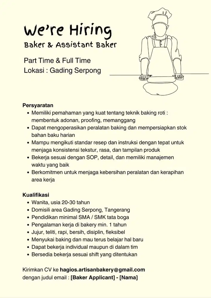 Lowongan Baker & Assistant Baker Gading Serpong