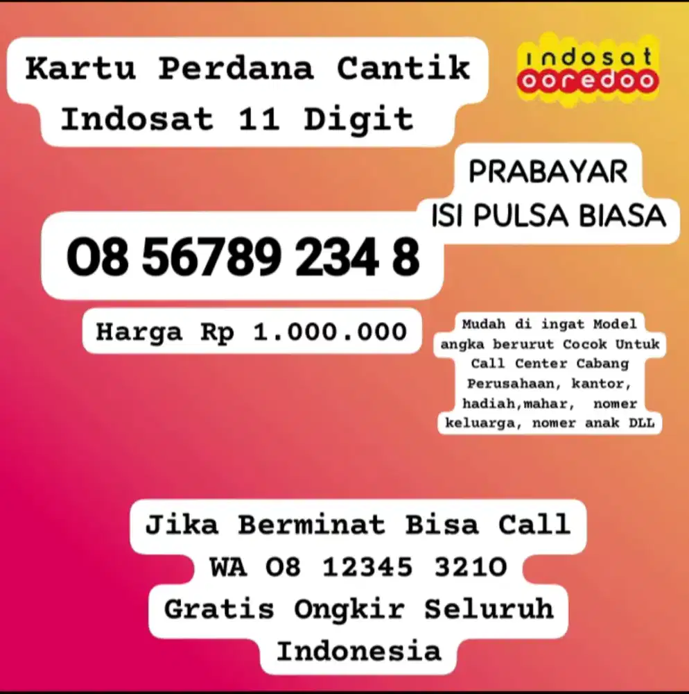 Kartu Perdana Cantik Indosat 11 digit langka berurut Telkomsel Axis XL