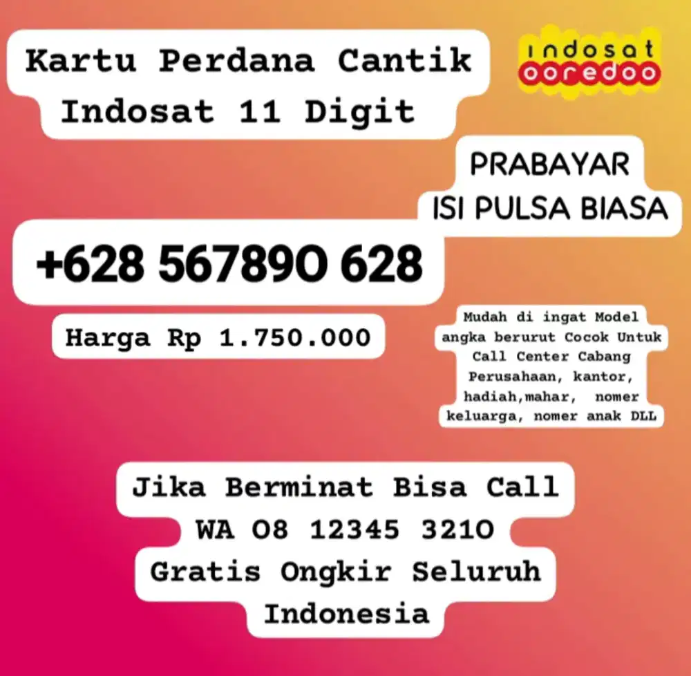 Kartu Perdana Cantik 11 digit Indosat Simpati Telkomsel As Tri cantik