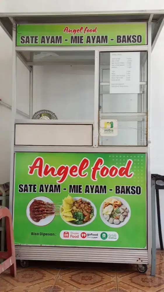 Rombong, meja kompor, banner kayu, meja warung