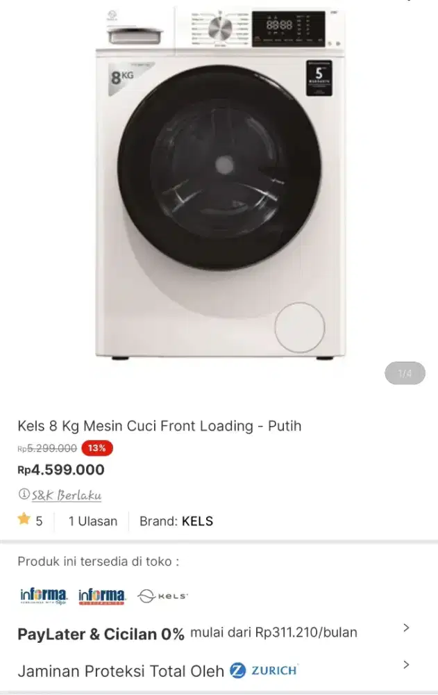 Mesin cuci kels front load 8kg