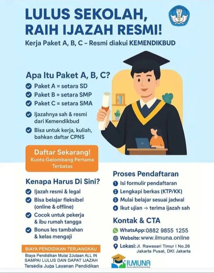 Kursus Paket A/B/C – Ijazah Resmi Kemendikbud (SD/SMP/SMA)