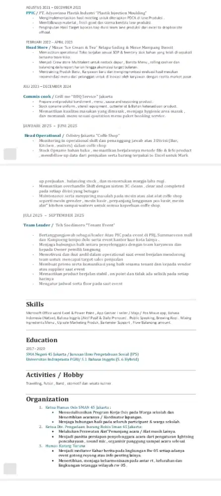 Pengalaman F&b / Event 4 tahun