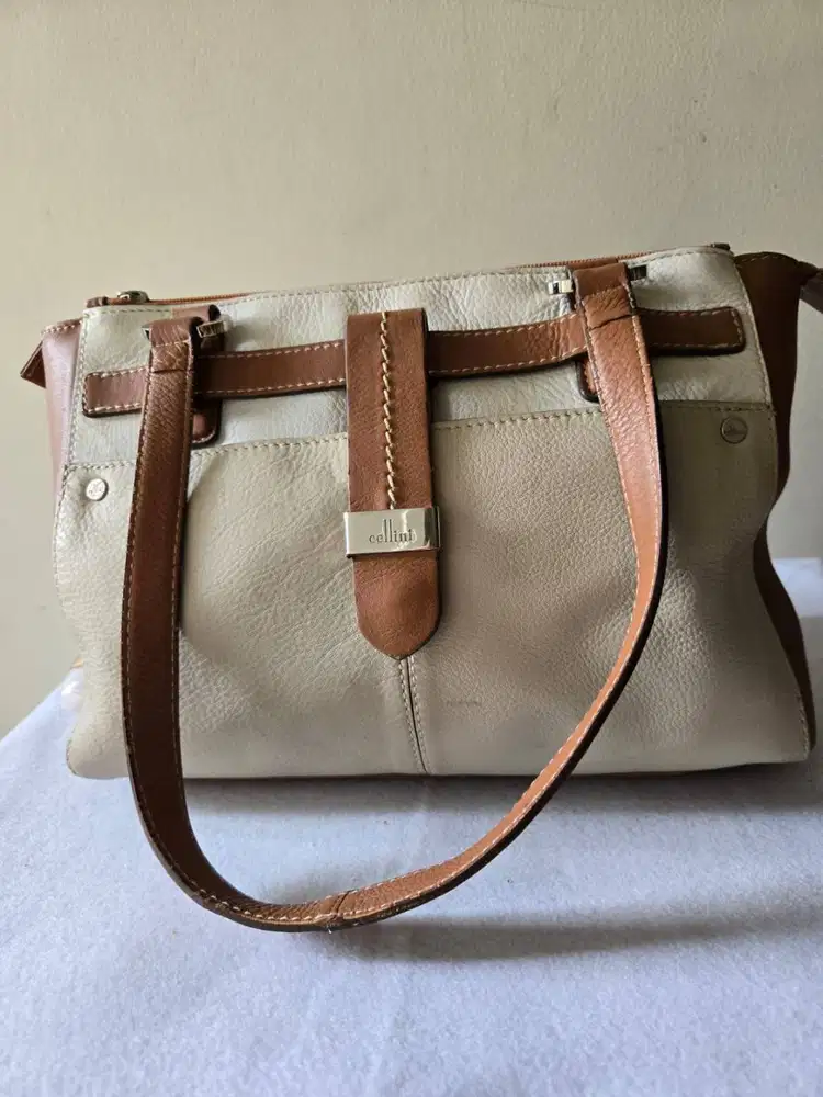 Tas Cellini Asli – Kulit Asli Kombinasi Cokelat & Cream Preloved