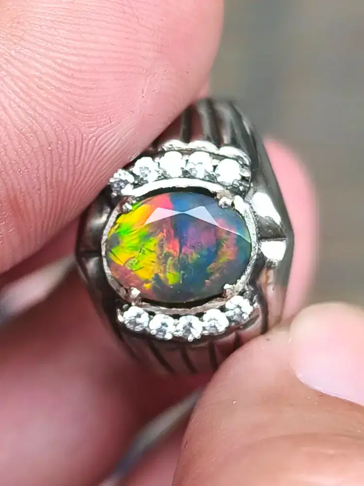 Batu kalimaya black Opal Ethiopia 1.10 carat ring perak memo mri