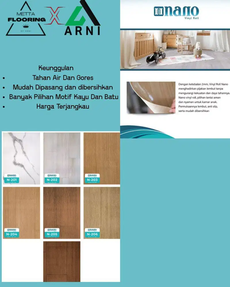 Vinyl Roll Nano Series | Lantai Elegan Tahan Air Motif Kayu & Batu (20