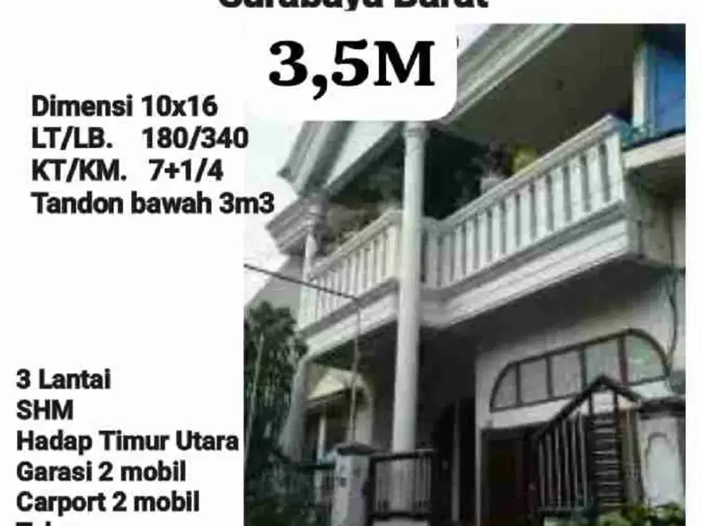 Rumah Dijual Tengger Kandangan Surabaya Barat Hook Dengan Garasi Luas di Pinggir Jalan Ramai Cocok Untuk Usaha