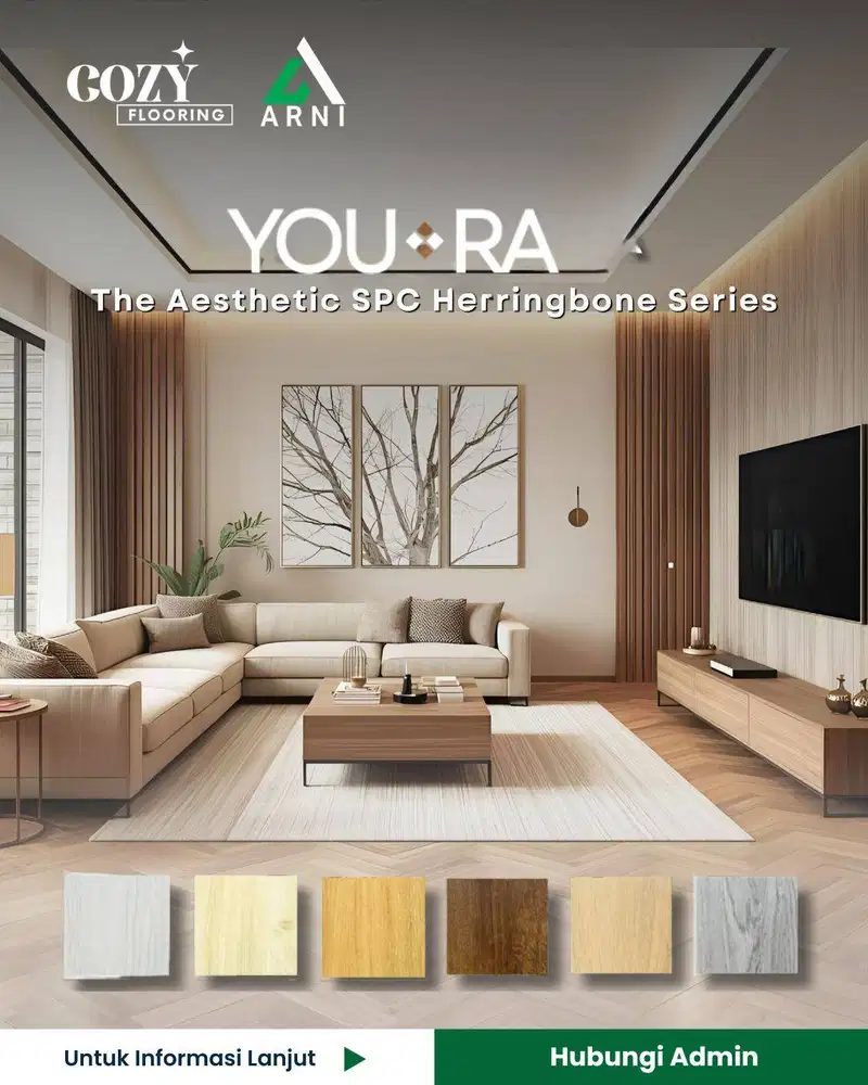 SPC Youra Herringbone Tebal 5,5mm | SPC + Foam mudah pasang Motif Kayu