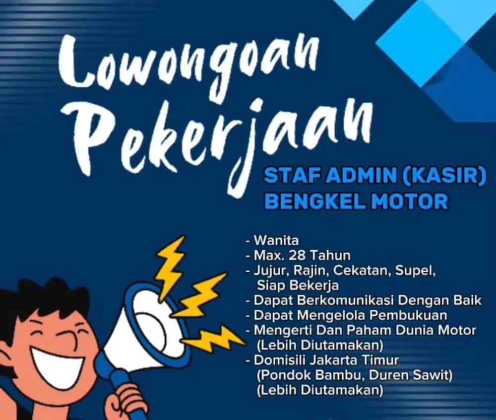 STAF ADMIN (KASIR) BENGKEL MOTOR