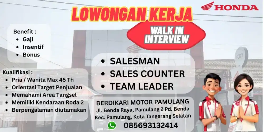 Lowongan Kerja Salesman, Sales Counter, Team Leader Dealer Motor Honda
