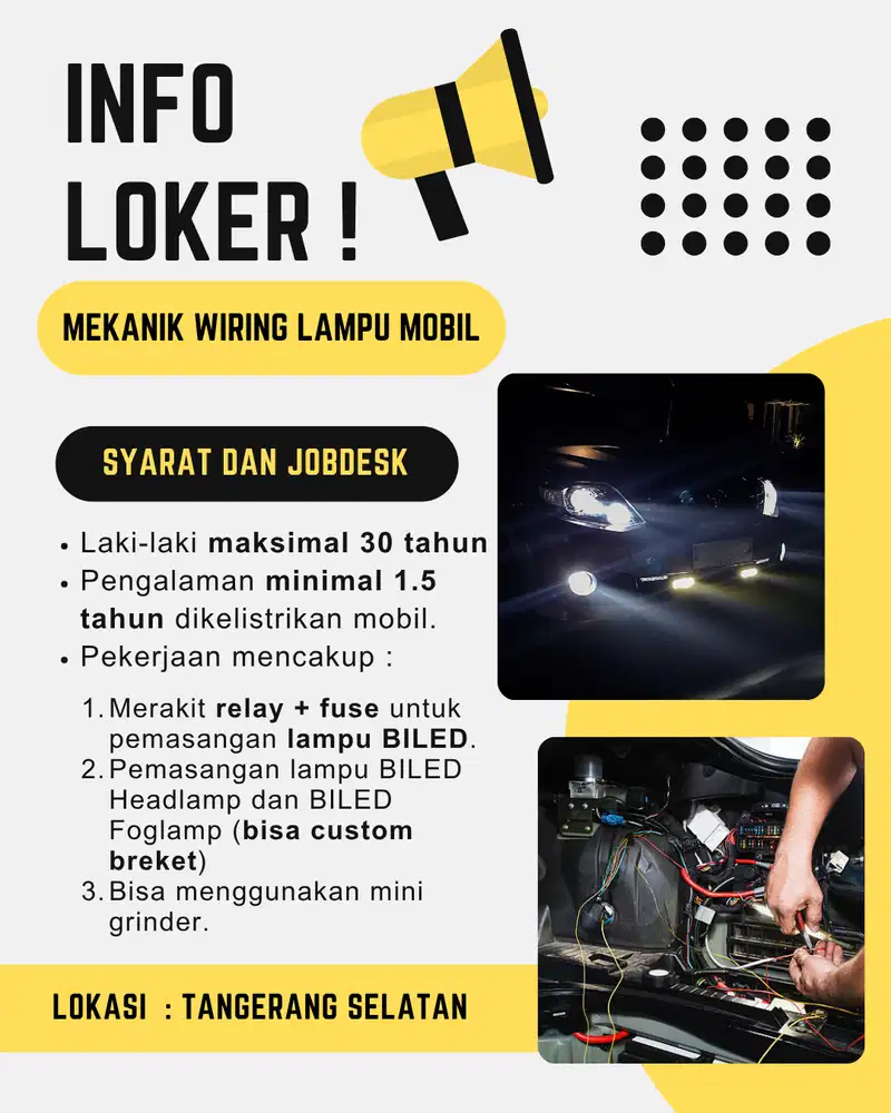 LOKER MEKANIK WIRING LAMPU MOBIL TANGERANG SELATAN