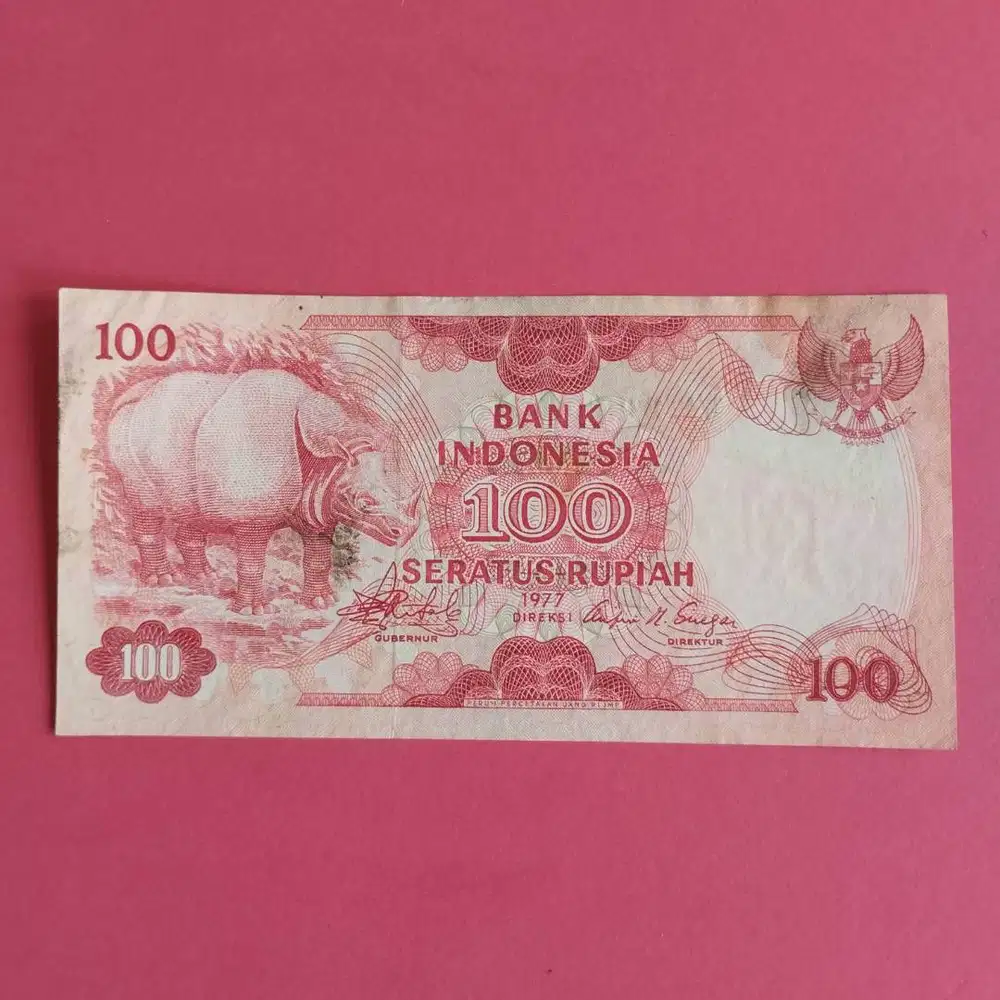 Uang Kuno Kertas Rp 100 Tahun 1977 Badak UK 013